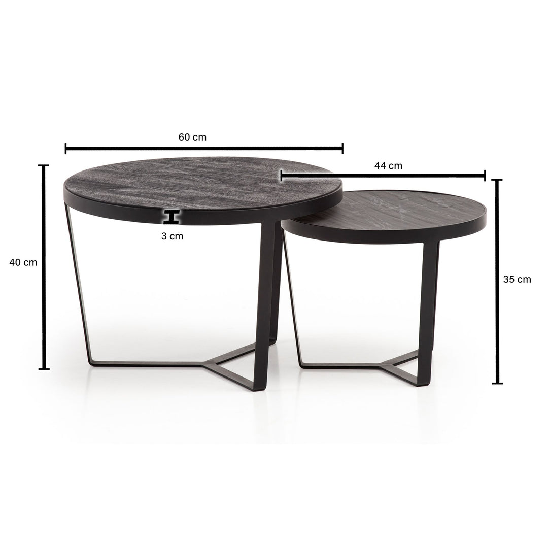 Couchtisch Set – 2-teilig Rund Akazie Massivholz Steinoptik Metall Schwarz Anthrazit
