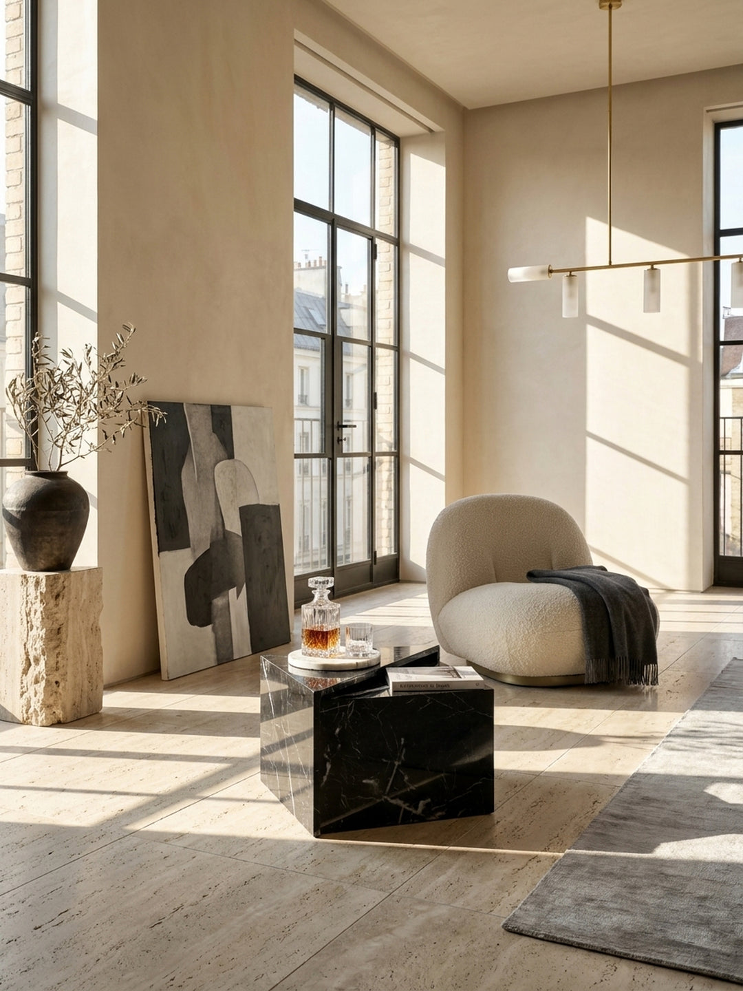 Schwarzer Hochglanz-Couchtisch aus MDF in Marmor-Optik 50x50x42 cm als architektonisches Highlight in einem minimalistischen Wohnzimmer mit bodentiefen Fenstern und hellem Travertinboden_