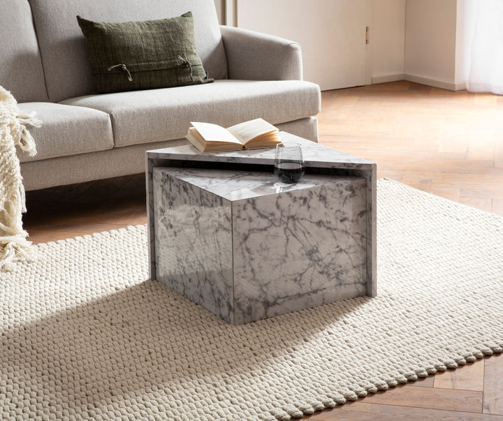 Couchtisch 2er Set MONOBLOC Hochglanz Sofatisch mit Marmor Optik - Design Satztisch Eckig - Wohnzimmertisch Ineinanderschiebbar - Lounge Verschachtelungstisch Beistelltisch Klein_