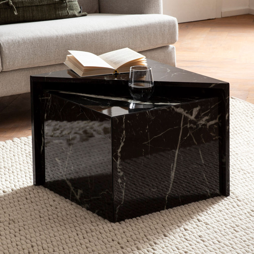 Couchtisch 2er Set MONOBLOC Hochglanz Sofatisch mit Marmor Optik - Design Satztisch Eckig - Wohnzimmertisch Ineinanderschiebbar - Lounge Verschachtelungstisch Beistelltisch Klein_
