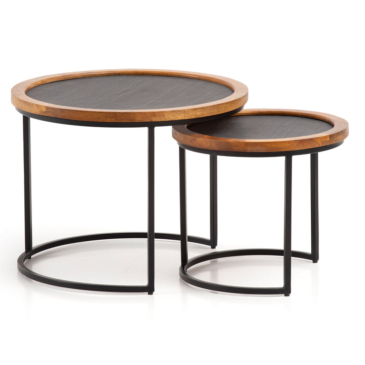 Couchtisch Set – 2-teilig Rund Mango Massivholz Steinoptik Metall Braun Anthrazit