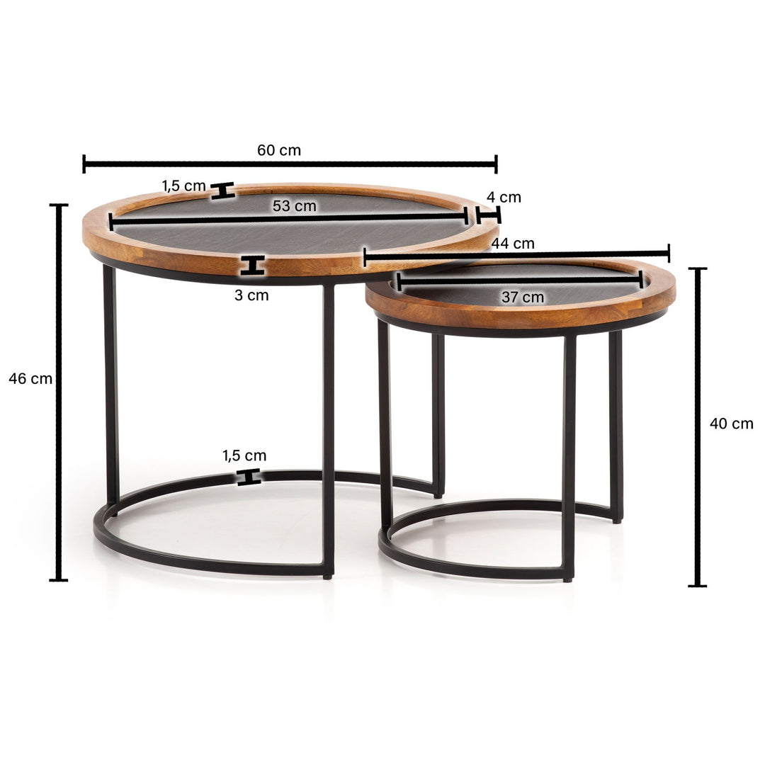 Couchtisch Set – 2-teilig Rund Mango Massivholz Steinoptik Metall Braun Anthrazit