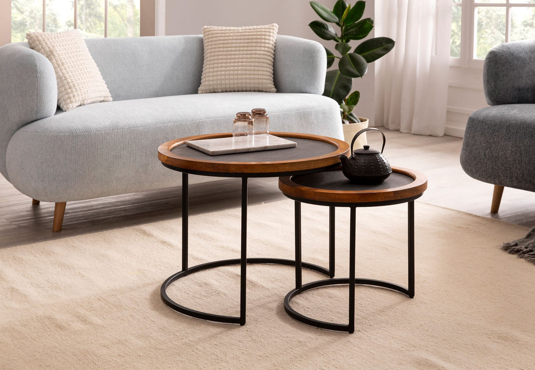 Couchtisch Set – 2-teilig Rund Mango Massivholz Steinoptik Metall Braun Anthrazit