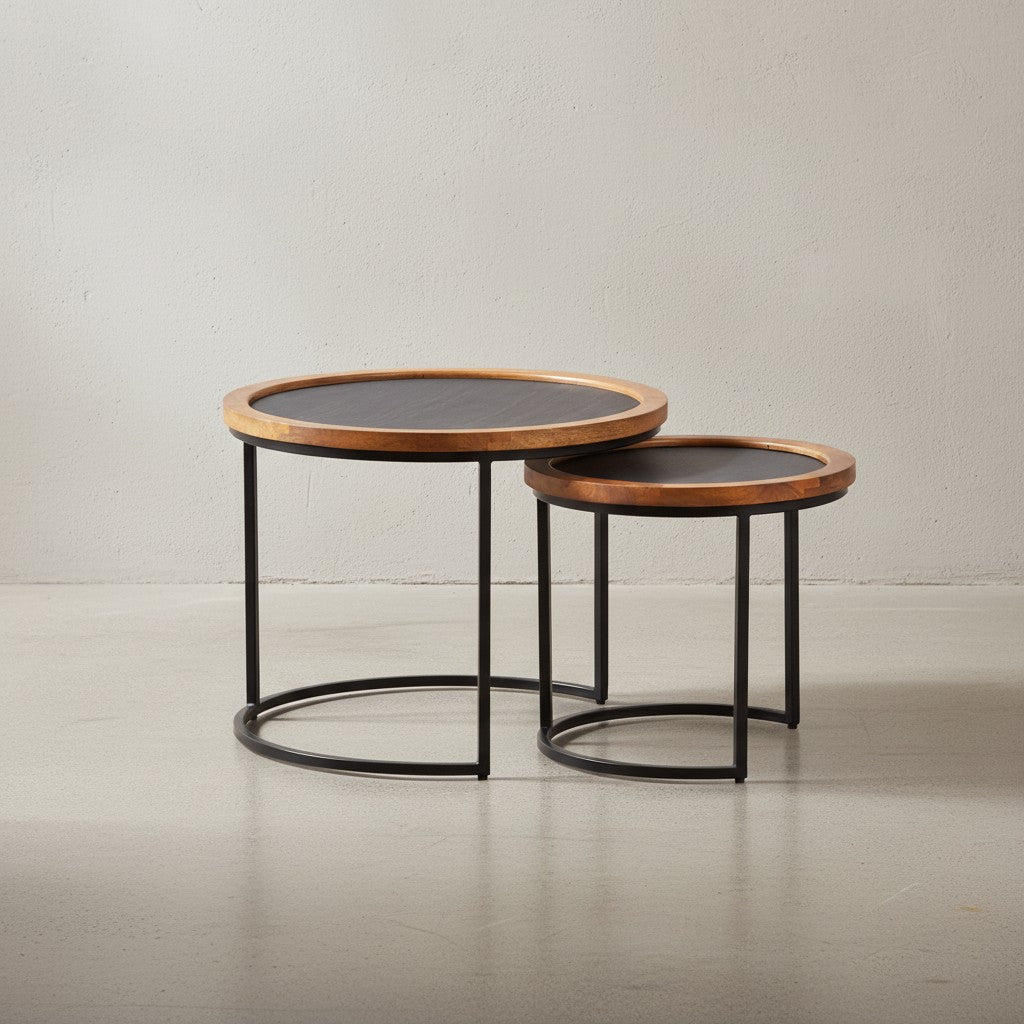 Couchtisch 2er Set Mango Massivholz / Steinoptik Wohnzimmertisch Rund - Satztisch mit Metallgestell - Kaffeetisch Modern - Sofatisch Verschachtelungstisch 2-teilig Braun / Anthrazit_