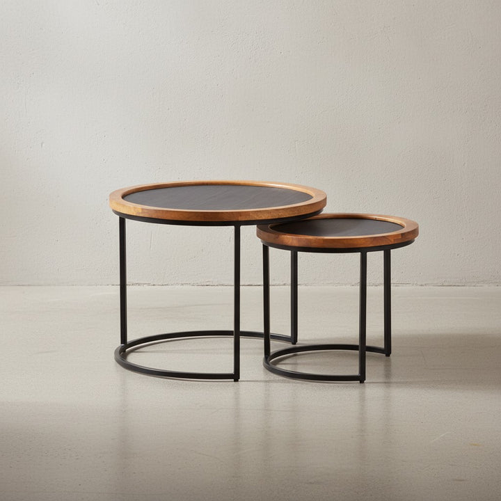 Couchtisch 2er Set Mango Massivholz / Steinoptik Wohnzimmertisch Rund - Satztisch mit Metallgestell - Kaffeetisch Modern - Sofatisch Verschachtelungstisch 2-teilig Braun / Anthrazit_