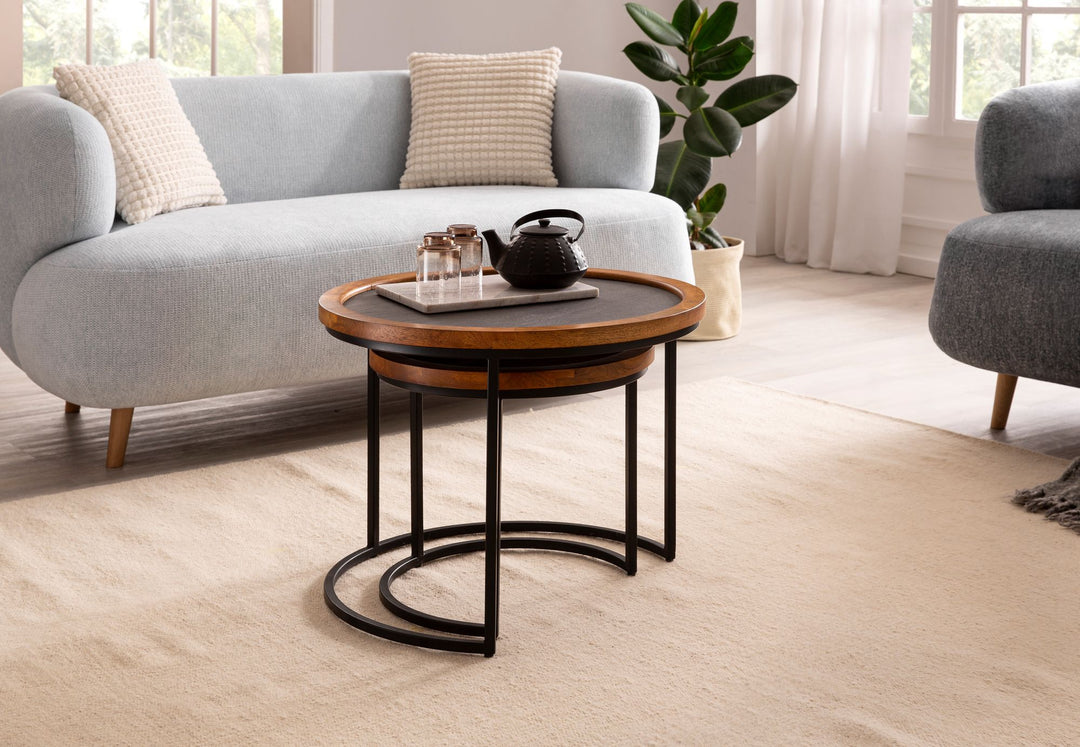 Couchtisch Set – 2-teilig Rund Mango Massivholz Steinoptik Metall Braun Anthrazit