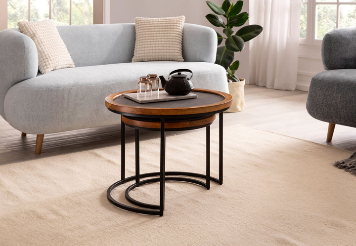 Couchtisch Set – 2-teilig Rund Mango Massivholz Steinoptik Metall Braun Anthrazit