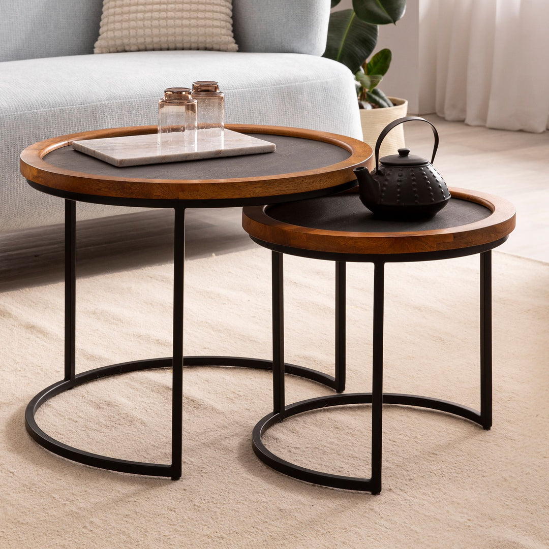 Couchtisch Set – 2-teilig Rund Mango Massivholz Steinoptik Metall Braun Anthrazit