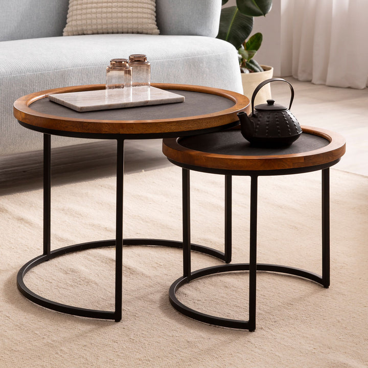Couchtisch Set – 2-teilig Rund Mango Massivholz Steinoptik Metall Braun Anthrazit