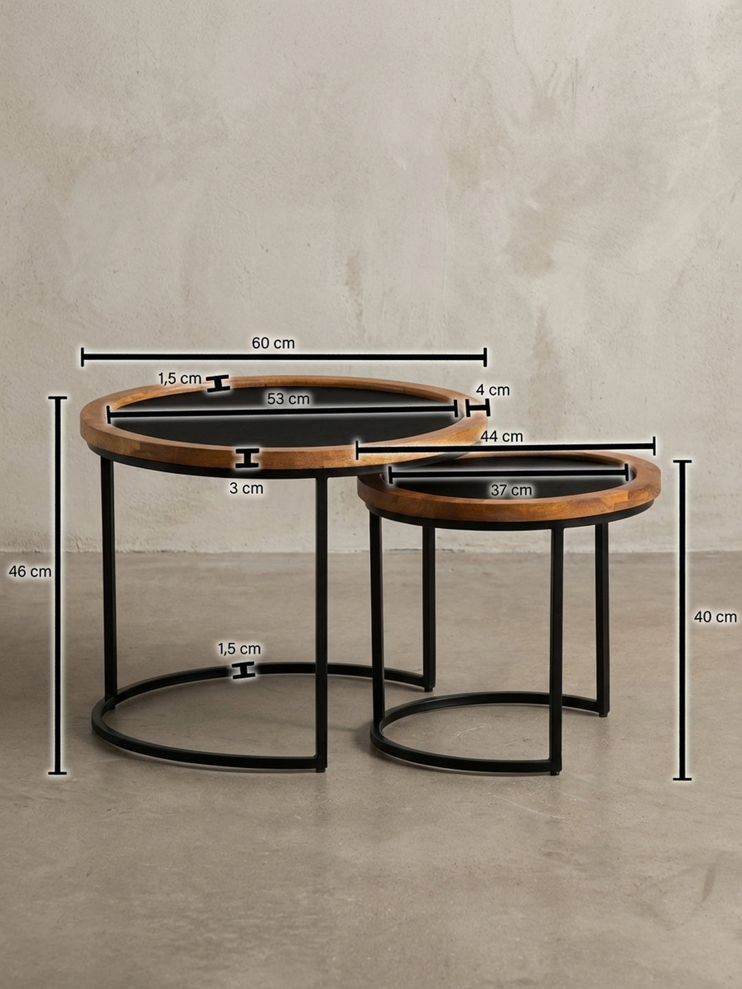 Technisches Maßbild des Couchtisch-Sets mit genauen Abmessungen (60cm und 44cm Durchmesser), ideal für die Raumplanung._