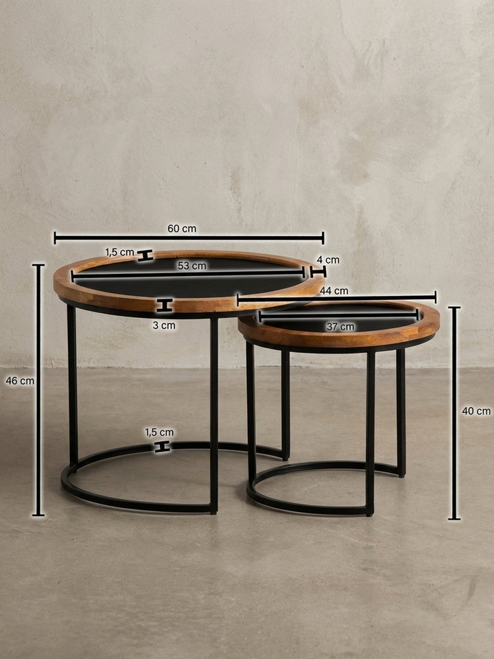 Technisches Maßbild des Couchtisch-Sets mit genauen Abmessungen (60cm und 44cm Durchmesser), ideal für die Raumplanung._