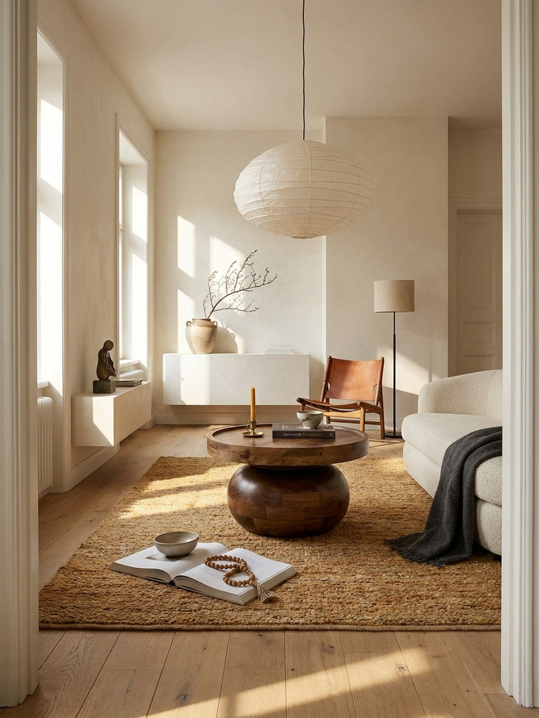 Eleganter runder Couchtisch aus massivem Mangoholz im Walnuss-Finish als Mittelpunkt in einem hellen, organisch-modernen Wohnzimmer mit Leinensofa._