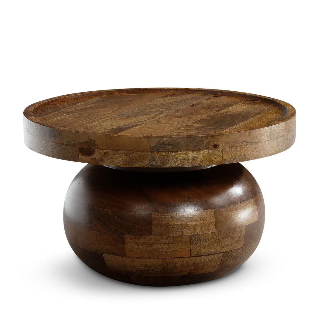 Couchtisch rund in Walnussfarbe, Massivholz Mango, 50x50x30,5 cm, niedrig, modern, natürliche Holzmaserung