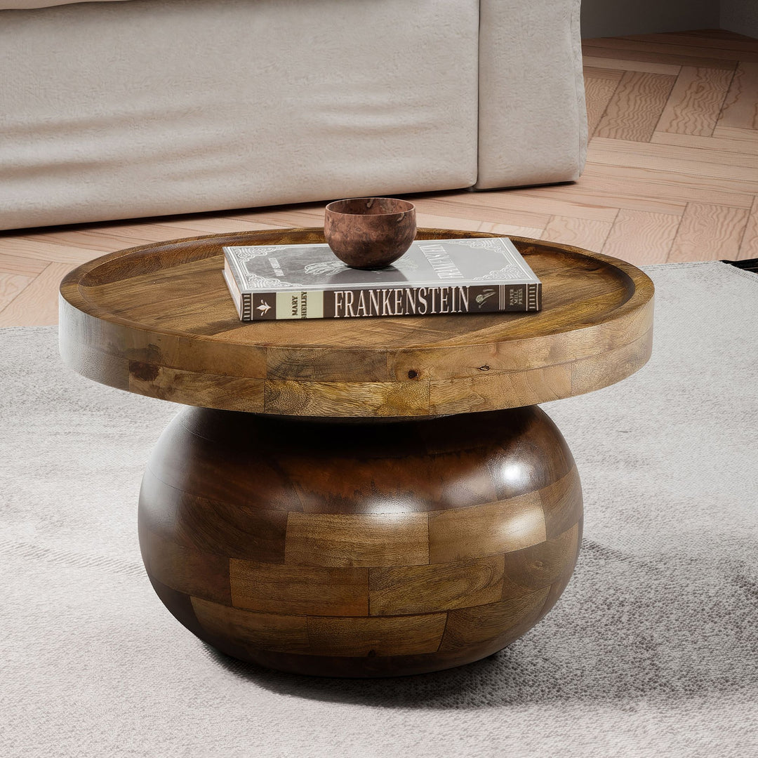 Couchtisch rund in Walnussfarbe, Massivholz Mango, 50x50x30,5 cm, niedrig, modern, natürliche Holzmaserung