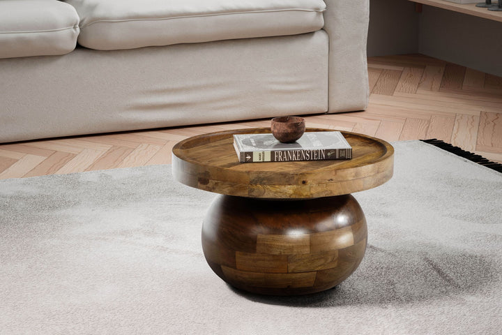 Couchtisch rund in Walnussfarbe, Massivholz Mango, 50x50x30,5 cm, niedrig, modern, natürliche Holzmaserung