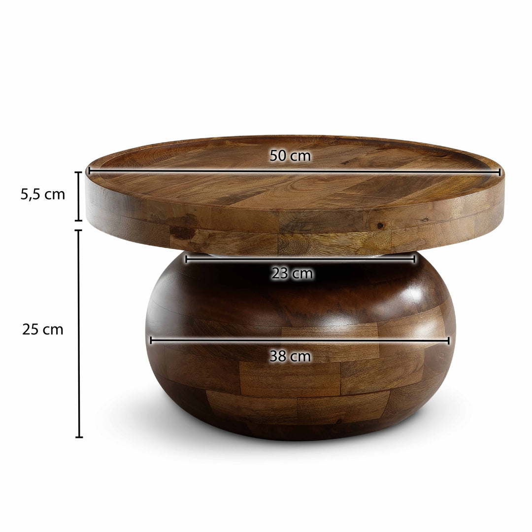Couchtisch rund in Walnussfarbe, Massivholz Mango, 50x50x30,5 cm, niedrig, modern, natürliche Holzmaserung