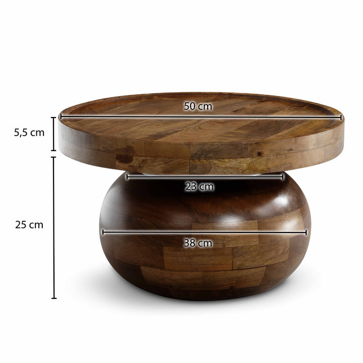 Couchtisch rund in Walnussfarbe, Massivholz Mango, 50x50x30,5 cm, niedrig, modern, natürliche Holzmaserung