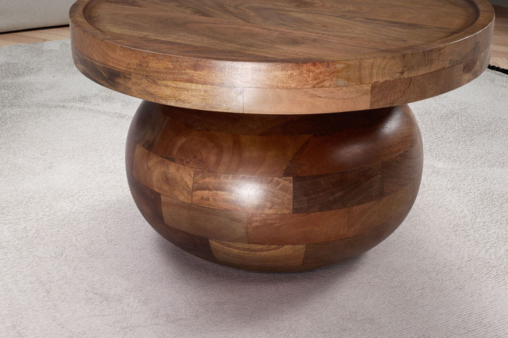 Couchtisch rund in Walnussfarbe, Massivholz Mango, 50x50x30,5 cm, niedrig, modern, natürliche Holzmaserung