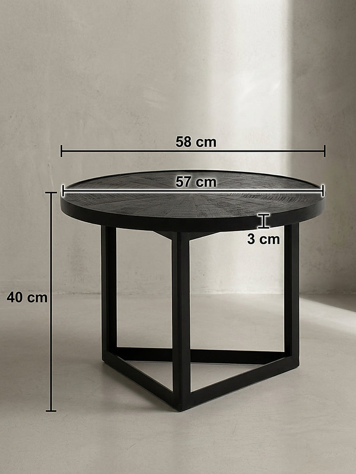 Maßskizze des schwarzen Couchtisches mit exakten Abmessungen von 58 cm Durchmesser und 40 cm Höhe für optimale Raumplanung._