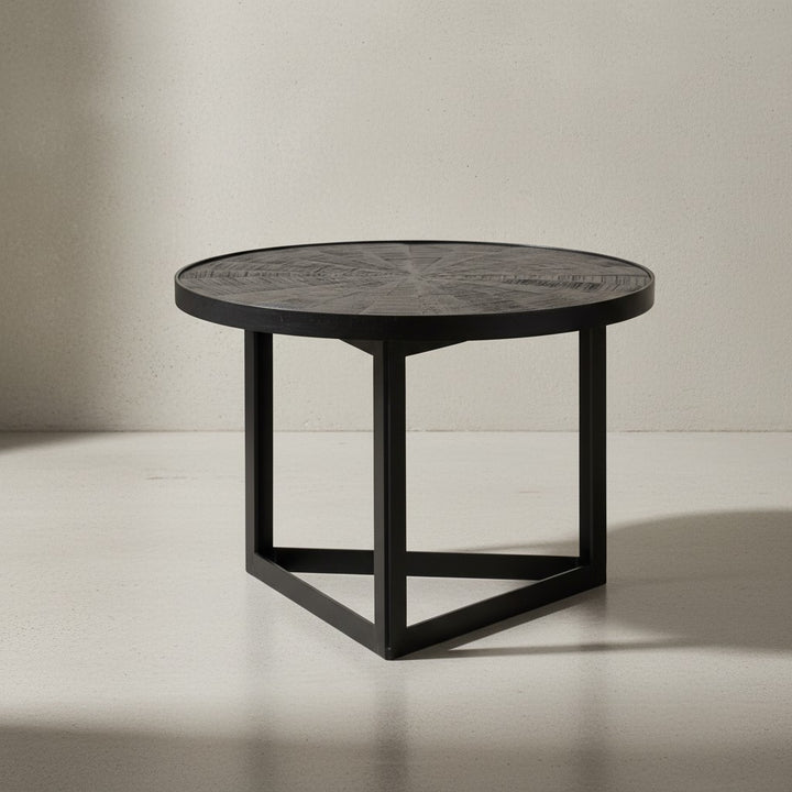 Couchtisch 58x58x40 cm Mango Massivholz / Metall Schwarz Sofatisch Rund - Design Wohnzimmertisch Industrial - Kaffeetisch Wohnzimmer Massiv mit Holzmuster_