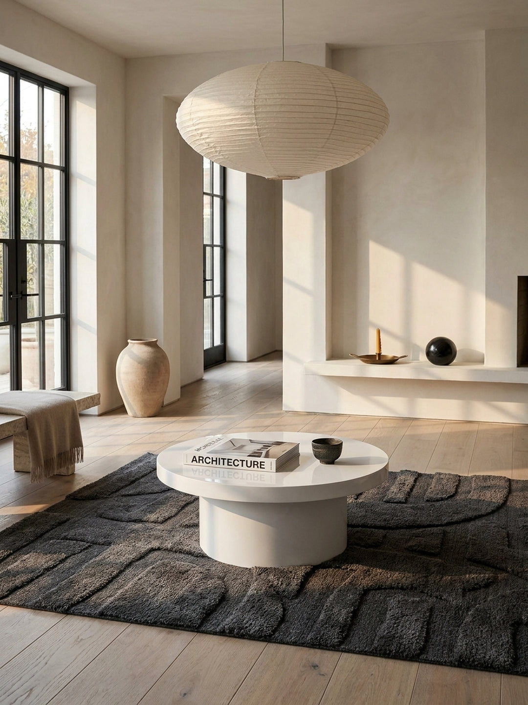 Moderner runder Couchtisch in weißem Hochglanz, zentral platziert auf einem dunklen Bouclé-Teppich in einem minimalistischen Wohnzimmer mit Eichenparkett und großen Fenstern._