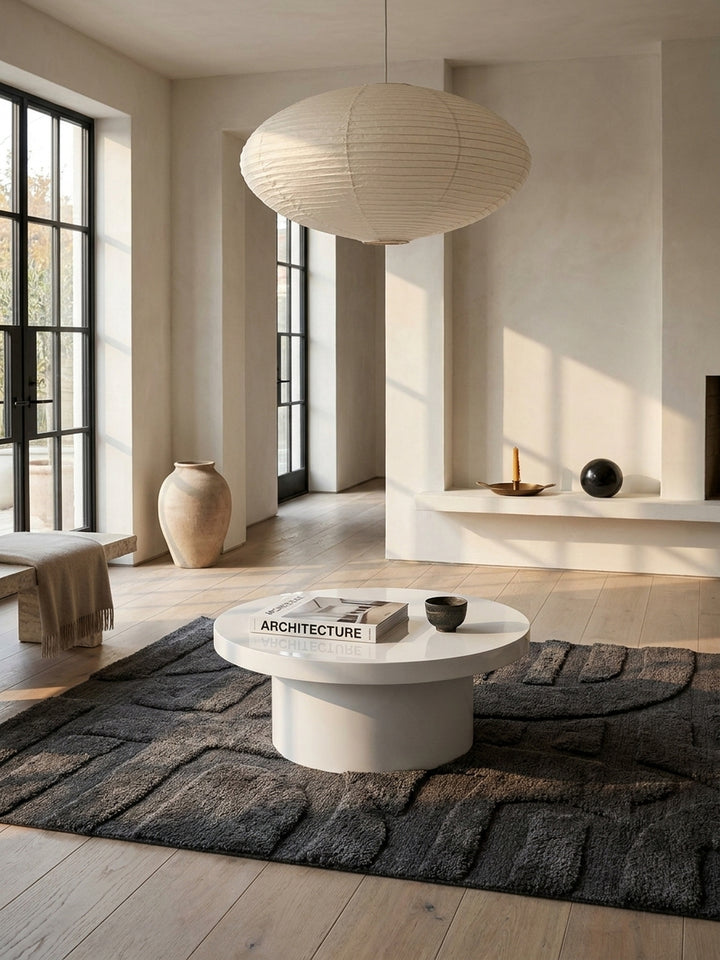 Moderner runder Couchtisch in weißem Hochglanz, zentral platziert auf einem dunklen Bouclé-Teppich in einem minimalistischen Wohnzimmer mit Eichenparkett und großen Fenstern._