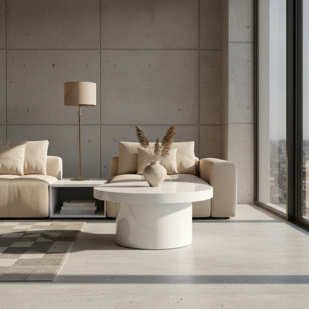 Wohnraum mit beigem Sofa und weißem runden Couchtisch aus MDF in Hochglanzoptik 