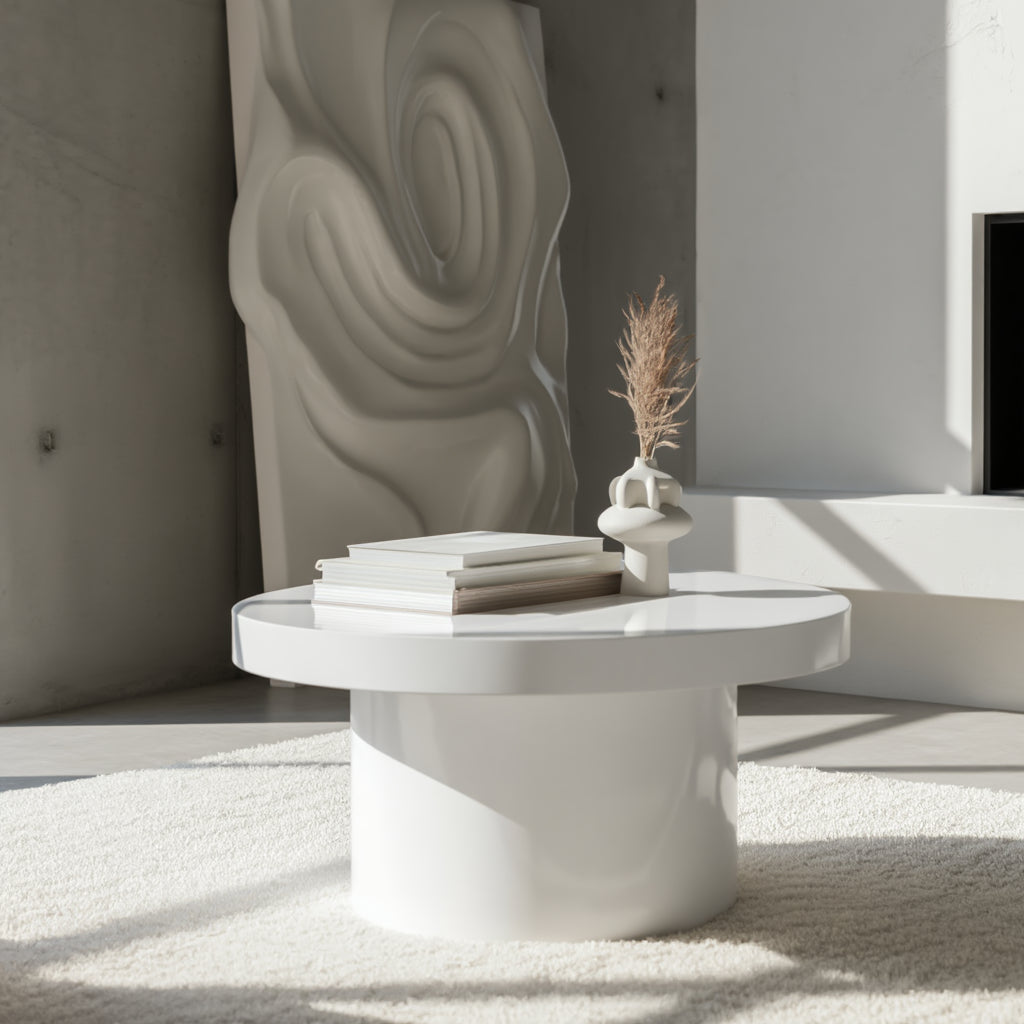 Weißer Couchtisch auf hellem Teppich, kombiniert mit Sofa in Naturtönen