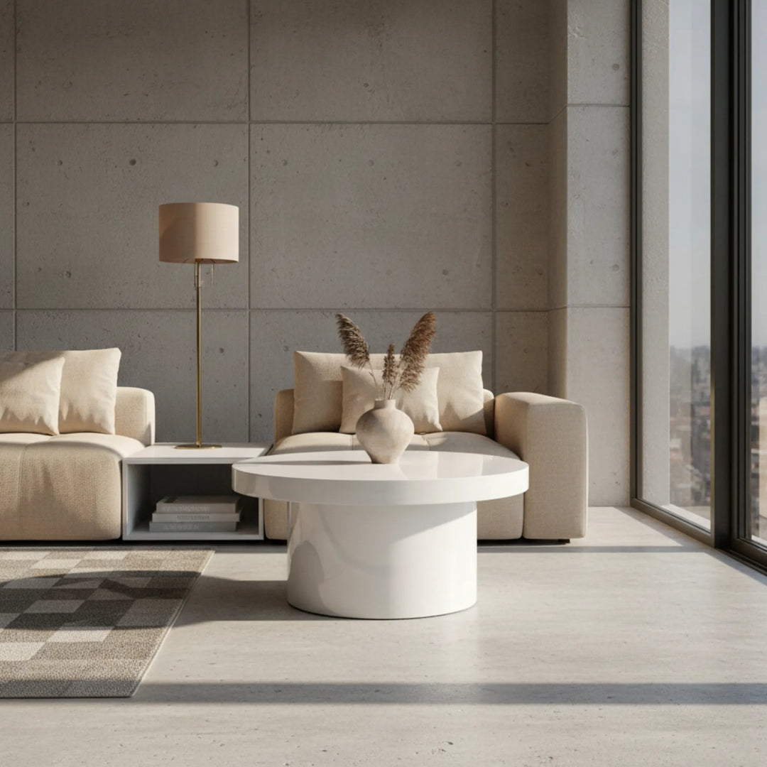 Wohnraum mit beigem Sofa und weißem runden Couchtisch aus MDF in Hochglanzoptik 