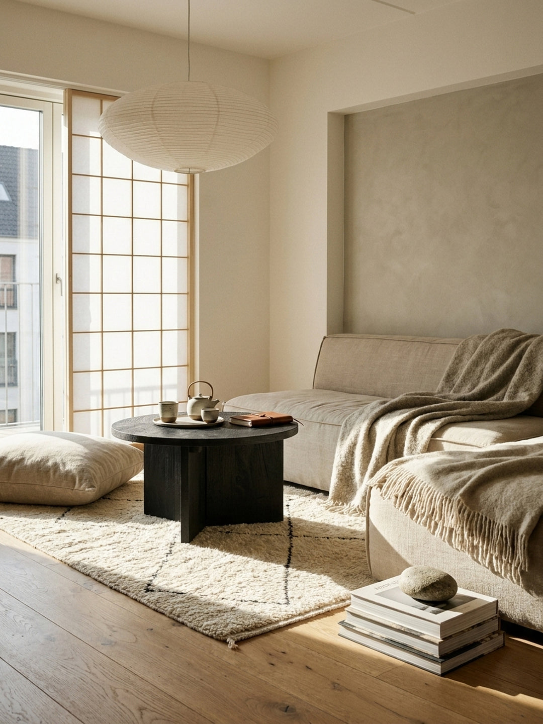 Der niedrige Design-Couchtisch aus schwarzem Massivholz harmoniert mit einem hellen Sofa und einem Eichenparkettboden und schafft eine wohnliche Atmosphäre._