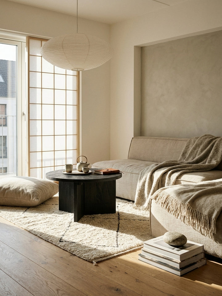 Der niedrige Design-Couchtisch aus schwarzem Massivholz harmoniert mit einem hellen Sofa und einem Eichenparkettboden und schafft eine wohnliche Atmosphäre._
