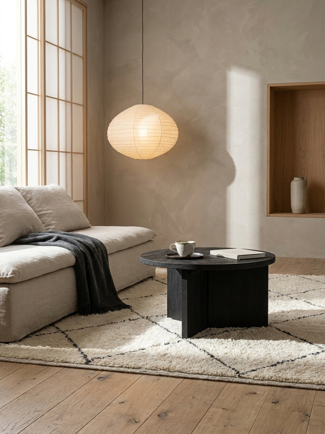 Detailaufnahme der sandgestrahlten, schwarzen Holzoberfläche des Couchtisches, die die markante und fühlbare Maserung des Mangoholzes zeigt._