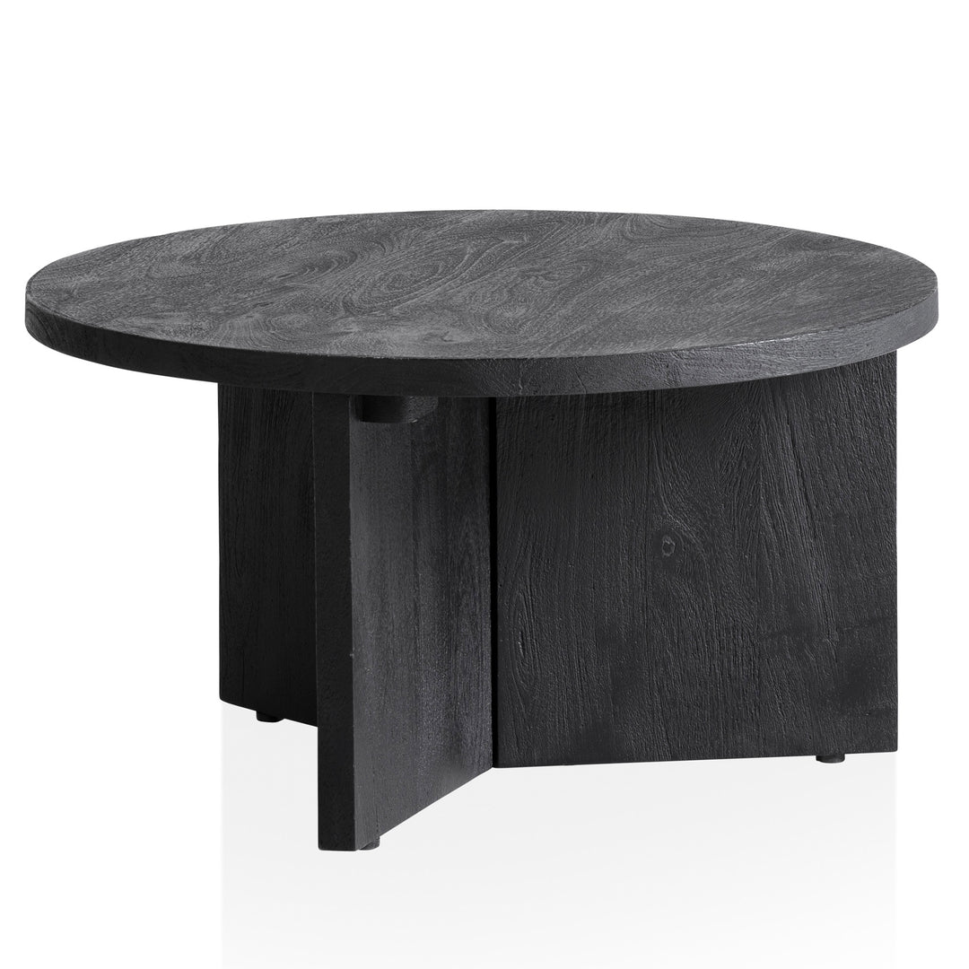 Couchtisch rund in Schwarz, aus Massivholz Mango, 60x60x33cm, Dreibein-Design, Niedrig, Modern, mit Naturholzmaserung