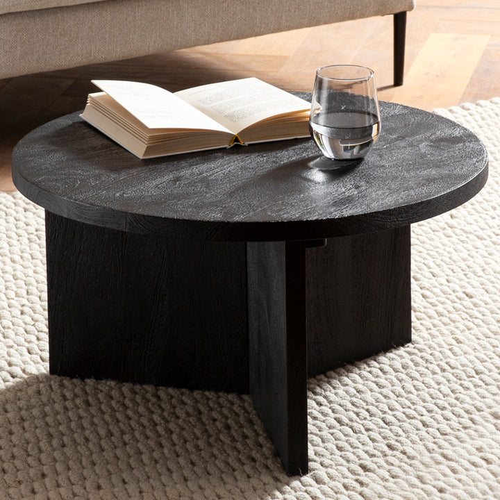 Couchtisch rund in Schwarz, aus Massivholz Mango, 60x60x33cm, Dreibein-Design, Niedrig, Modern, mit Naturholzmaserung