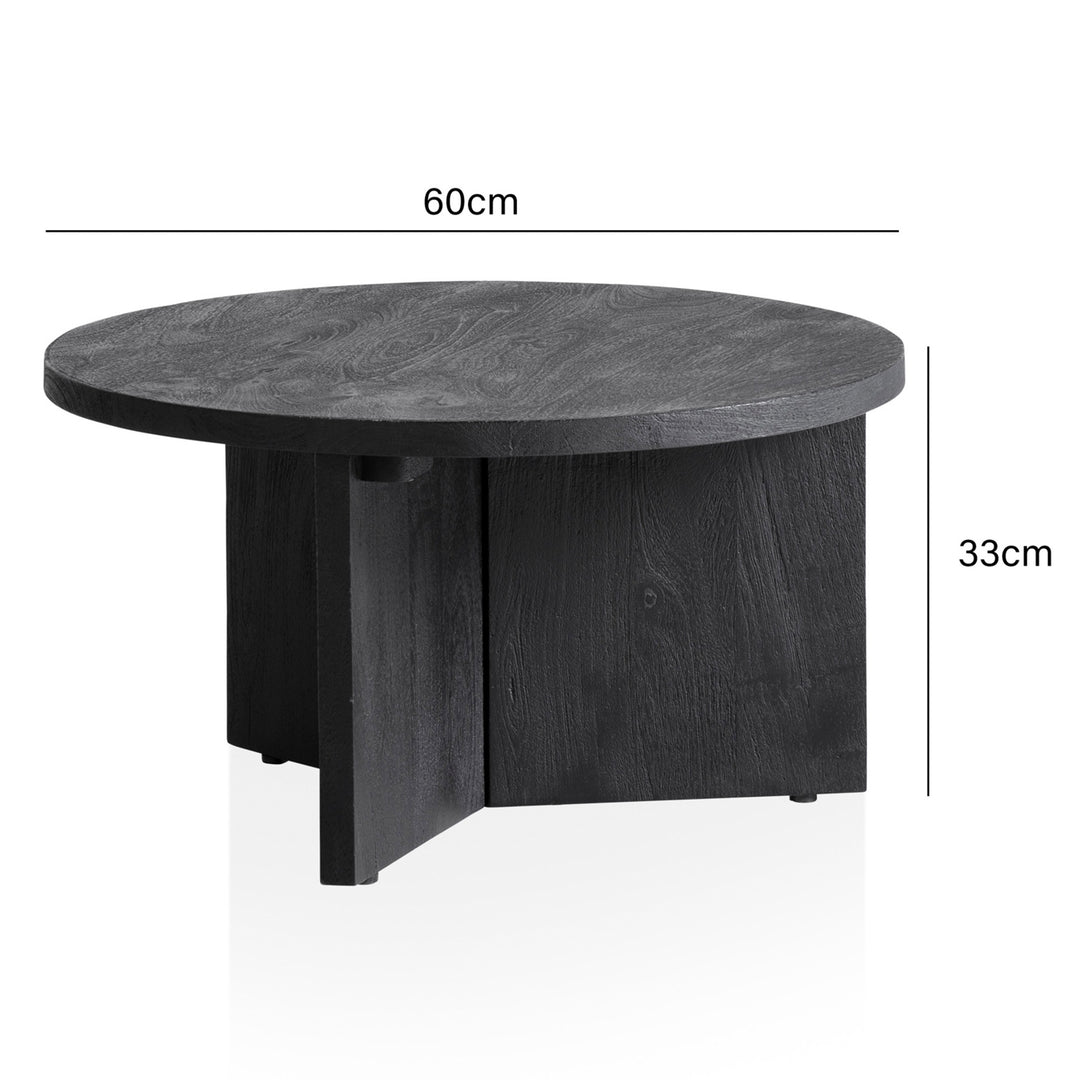 Couchtisch rund in Schwarz, aus Massivholz Mango, 60x60x33cm, Dreibein-Design, Niedrig, Modern, mit Naturholzmaserung