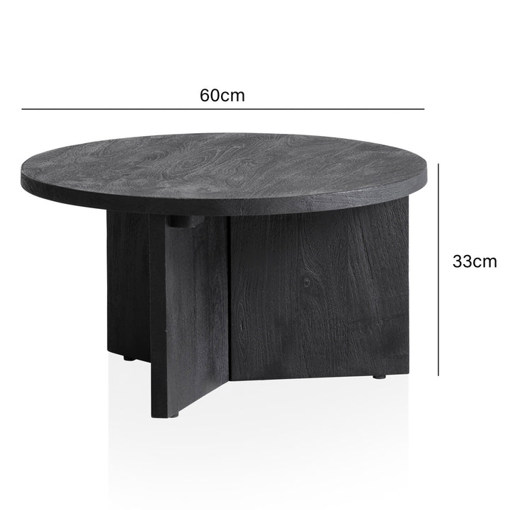 Couchtisch rund in Schwarz, aus Massivholz Mango, 60x60x33cm, Dreibein-Design, Niedrig, Modern, mit Naturholzmaserung