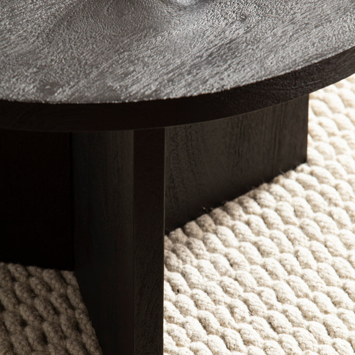 Couchtisch rund in Schwarz, aus Massivholz Mango, 60x60x33cm, Dreibein-Design, Niedrig, Modern, mit Naturholzmaserung