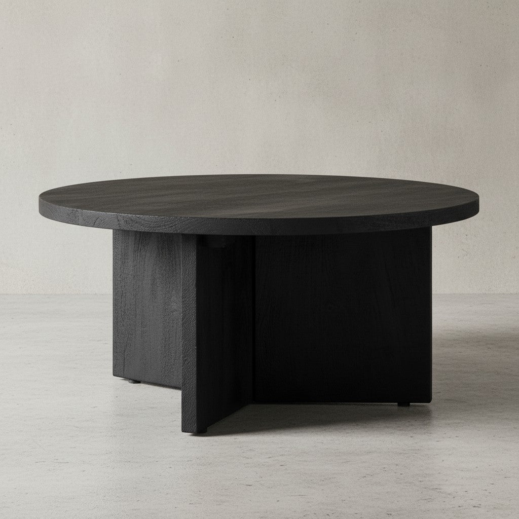 Couchtisch 60x60x33 cm Mango Massivholz Schwarz Sofatisch Rund - Design Wohnzimmertisch Dreibein - Kaffeetisch Wohnzimmer Niedrig Modern mit natürlicher Holzmaserung_