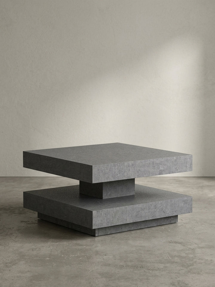Gesamtüberblick des grauen Kaffeetisches, der das minimalistische Design und die robuste, pflegeleichte MDF-Konstruktion zusammenfasst._
