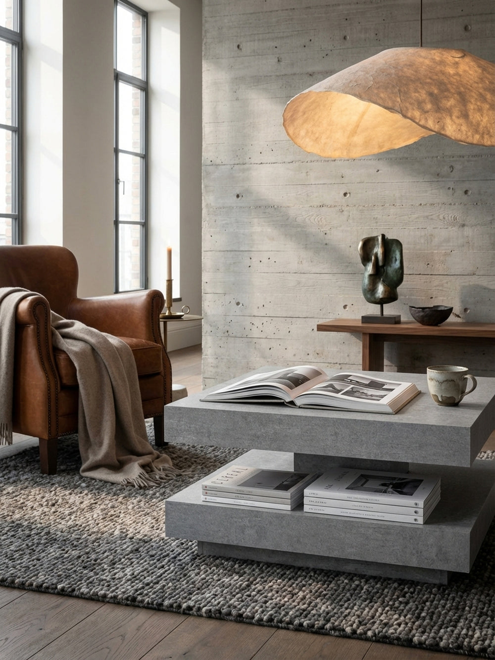 Der quadratische Kaffeetisch mit Stauraum harmoniert neben einem bequemen Bouclé-Sofa auf einem beigen Hochflorteppich._