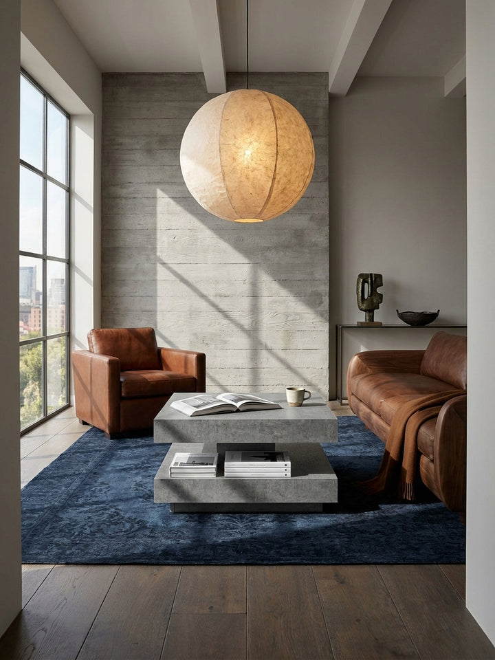 Moderner Couchtisch in grauer Beton-Optik als Mittelpunkt eines minimalistischen Wohnzimmers mit cremefarbenem Sofa und grobem Wollteppich._