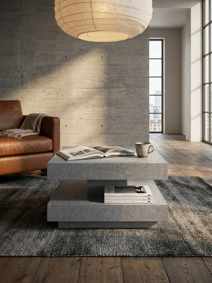 Nahaufnahme der strukturierten Oberfläche des grauen Couchtisches, die die feine Maserung und Haptik der modernen Beton-Optik zeigt._