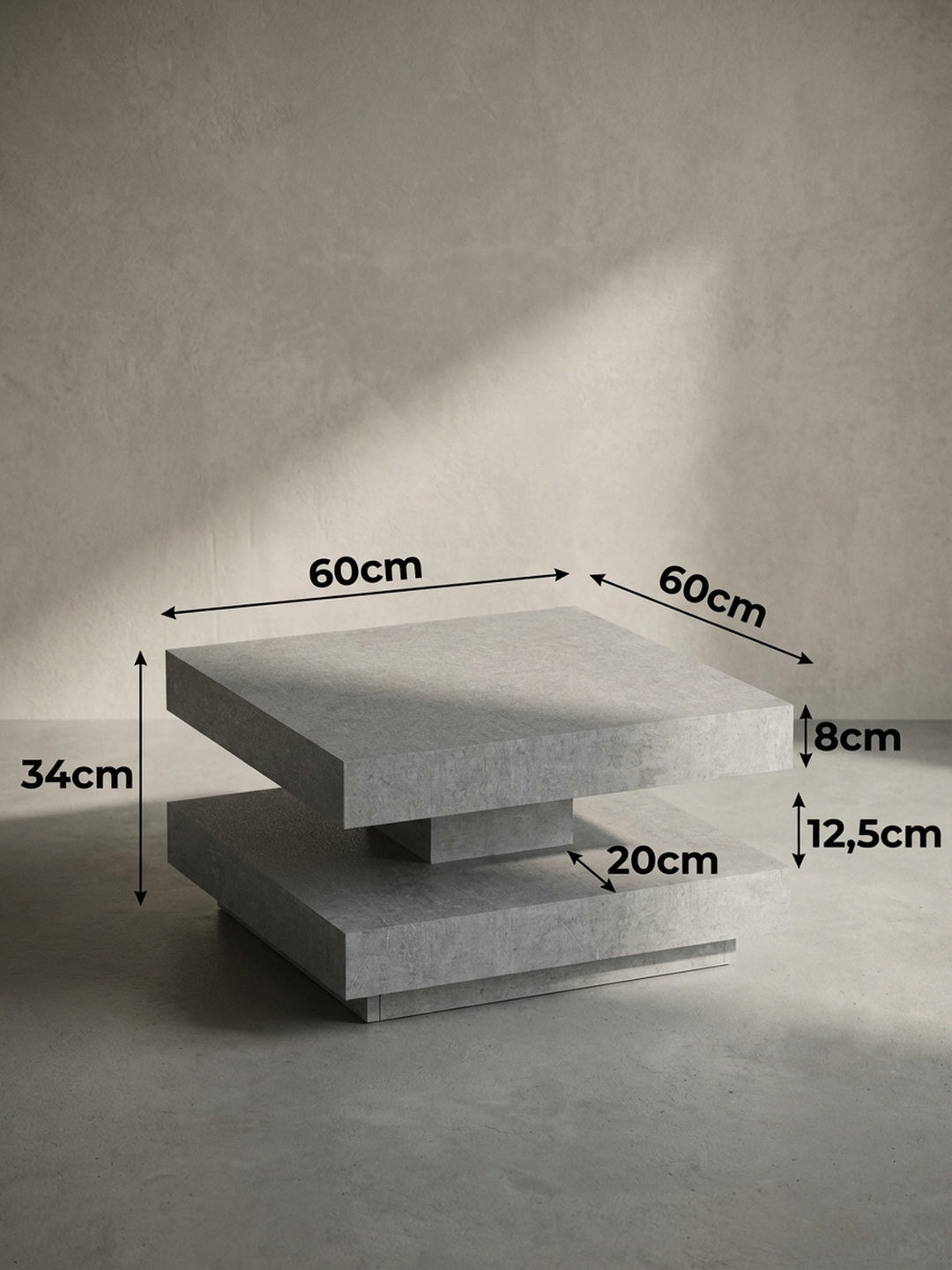 Technisches Maßbild des Couchtisches mit allen relevanten Abmessungen: 60 cm Breite, 60 cm Tiefe und 34 cm Gesamthöhe für die Raumplanung._