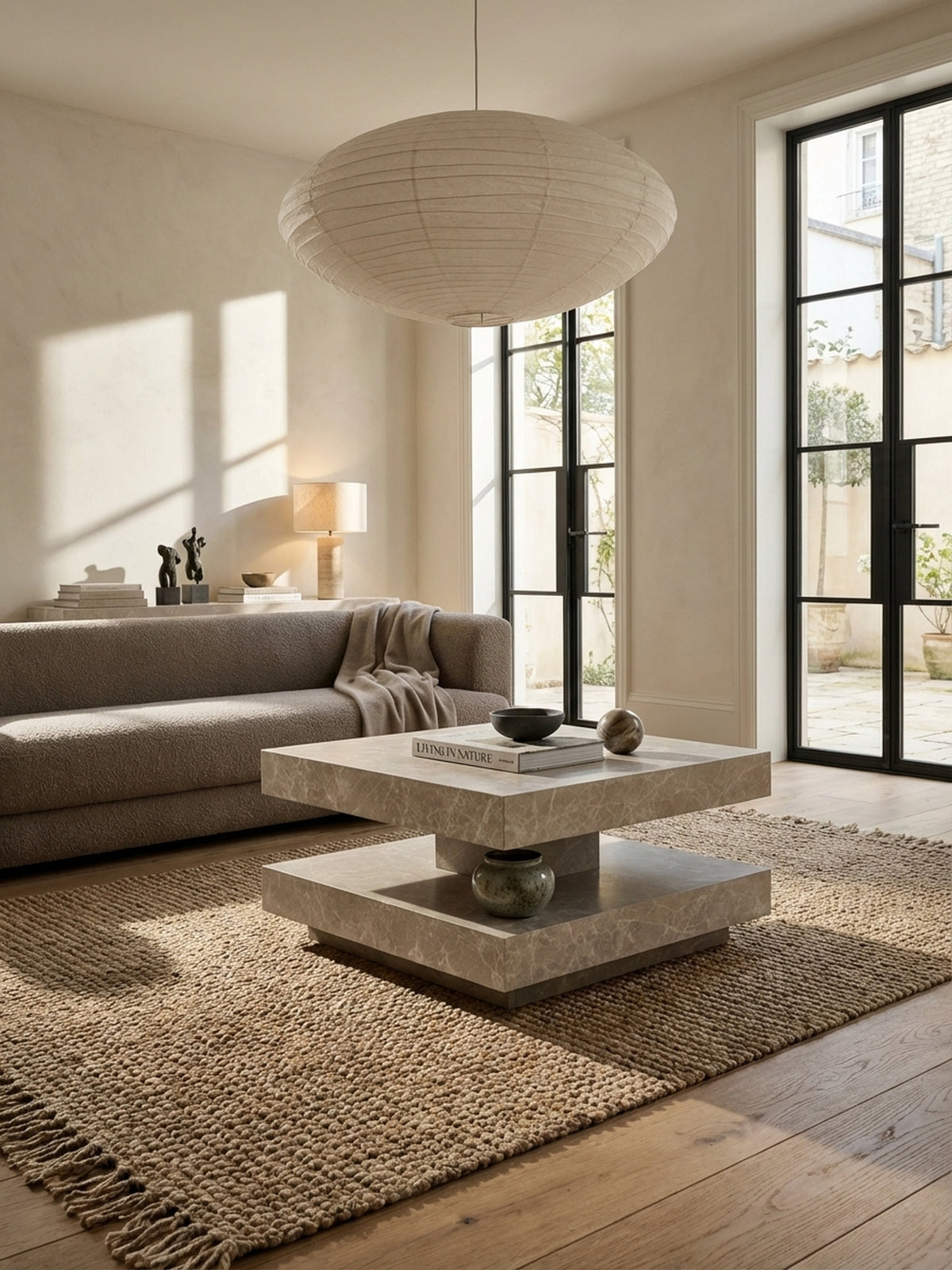 Moderner Couchtisch in sandfarbener Stein-Optik als Mittelpunkt eines organisch-modernen Wohnzimmers mit beigem Bouclé-Sofa und Jute-Teppich.