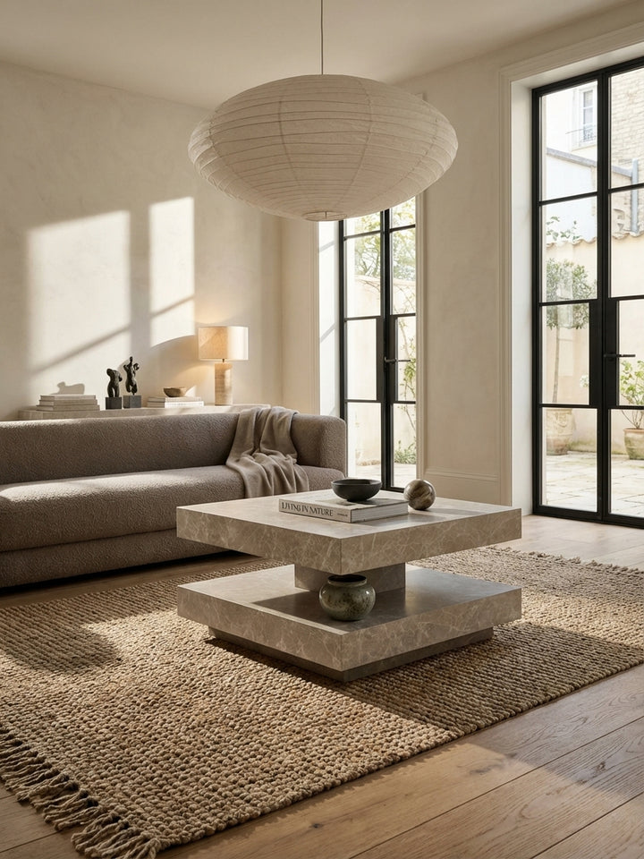 Moderner Couchtisch in sandfarbener Stein-Optik als Mittelpunkt eines organisch-modernen Wohnzimmers mit beigem Bouclé-Sofa und Jute-Teppich._