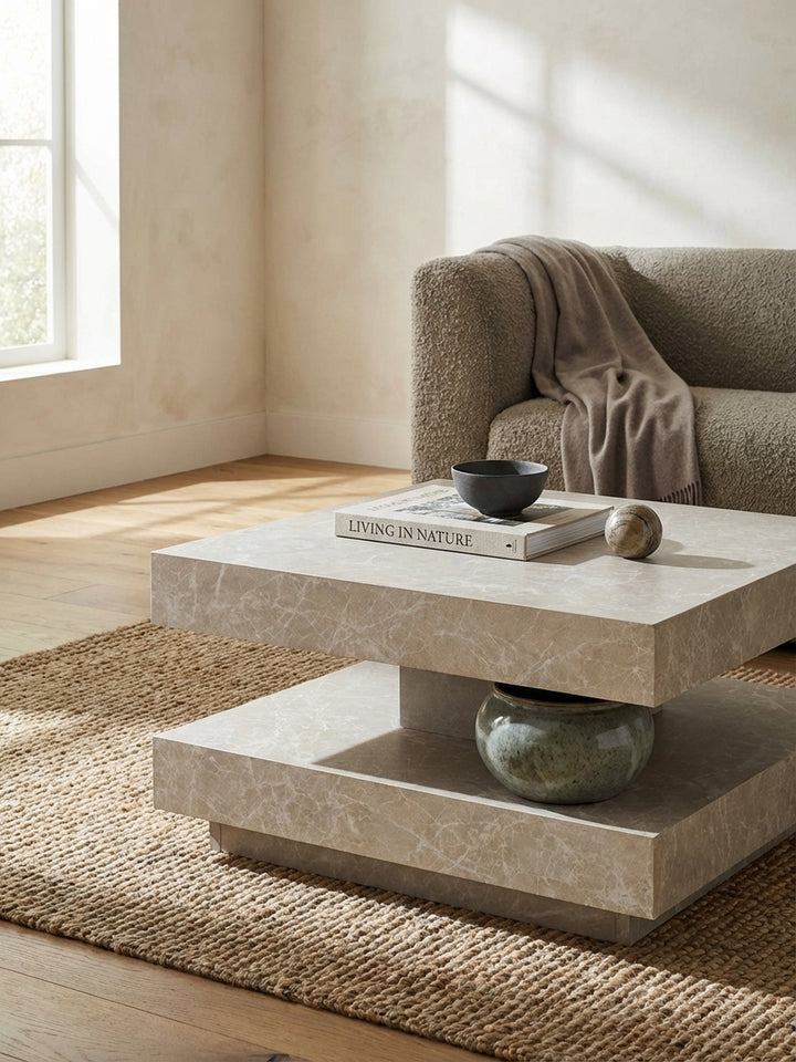 Detailaufnahme der sandfarbenen Oberfläche des Loungetischs, die die feine, marmorierte Gesteins-Optik der Folierung zeigt._