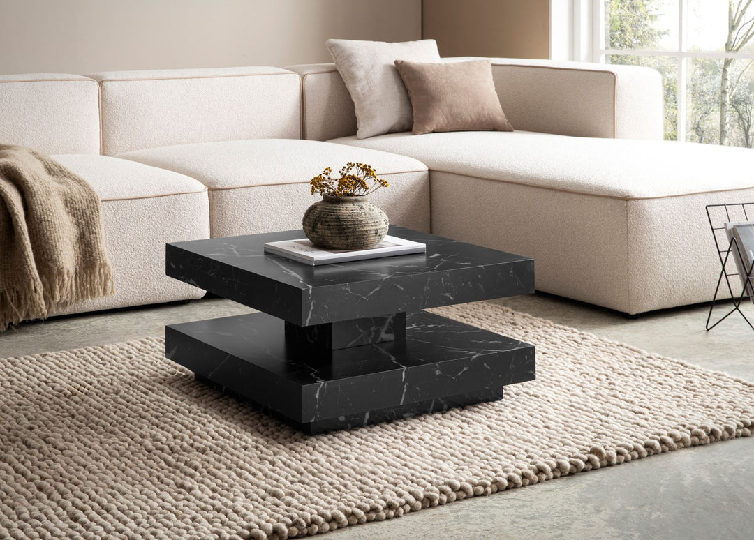 Couchtisch 60x60x34 cm Sandfarben Sofatisch in Stein-Optik Modern - Design Wohnzimmertisch mit Stauraum Quadratisch - Loungetisch  - Kaffeetisch Klein_