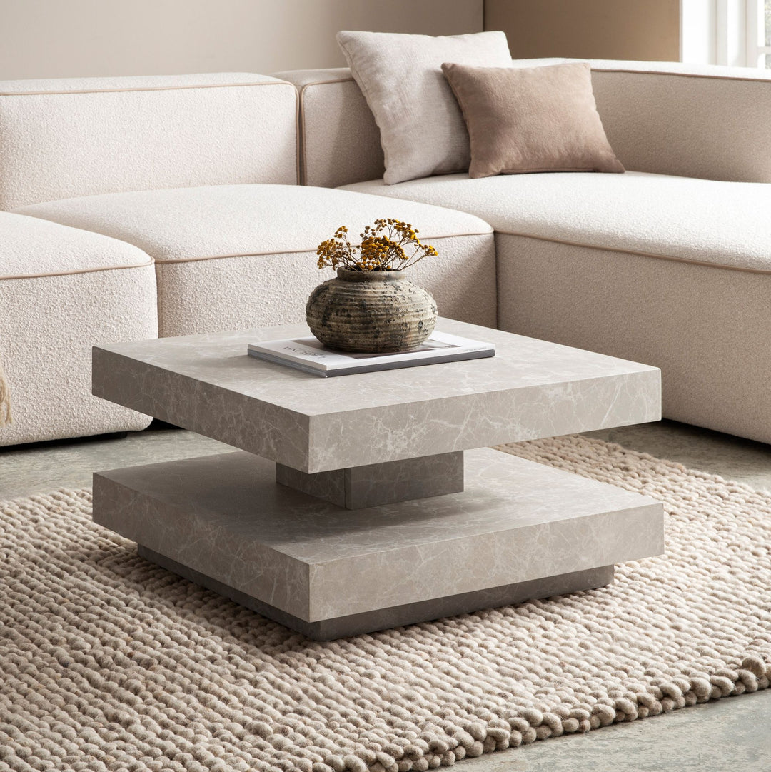 Couchtisch 60x60x34 cm Sandfarben Sofatisch in Stein-Optik Modern - Design Wohnzimmertisch mit Stauraum Quadratisch - Loungetisch  - Kaffeetisch Klein_