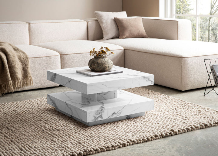 Couchtisch 60x60x34 cm Sandfarben Sofatisch in Stein-Optik Modern - Design Wohnzimmertisch mit Stauraum Quadratisch - Loungetisch  - Kaffeetisch Klein_