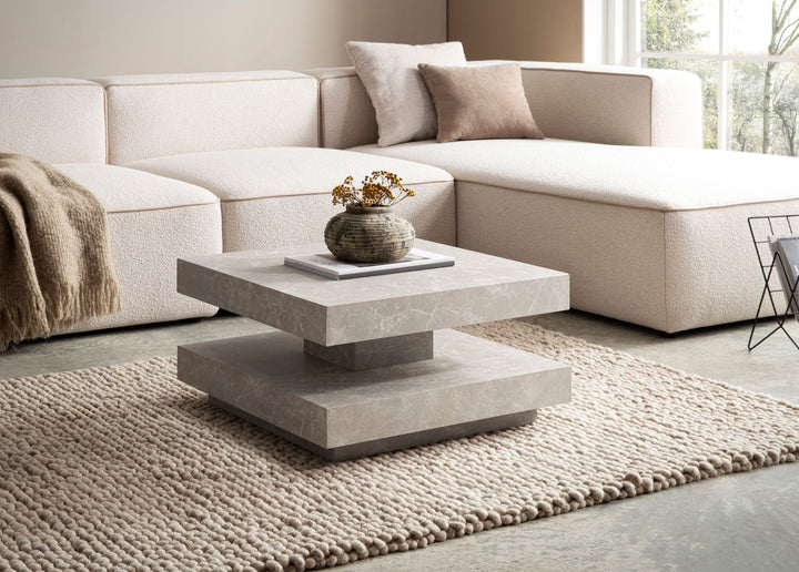 Couchtisch 60x60x34 cm Sandfarben Sofatisch in Stein-Optik Modern - Design Wohnzimmertisch mit Stauraum Quadratisch - Loungetisch  - Kaffeetisch Klein_